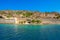 View of the island of Spinalonga with calm sea. Here were lepers, humans with the Hansen`s desease, gulf of Elounda.