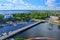 View of the island Tverdysh and Krepostnoy Bridge from St. Olav\'s Tower in Vyborg Castle, Russia