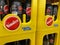 View on isolated stacked yellow Sinalco soft drink crates in german beverage store