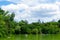 view of the Jacqueline Kennedy Onassis Reservoir in urban park. city landscape of manhattan ny from central park. nyc