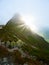 View on jagged mountain of Zillertal alps on a foggy summer day