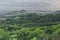 View from Jehla hill over Ceska Kamenice town in spring misty morning