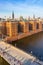 View of the Kaiserkai and Speicherstadt, Mahatma Gandhi bridge with pedestrians, Hamburg