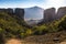 view on Kalabaka town from miraculous monastery on rock formation, Meteora