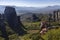 view on Kalabaka town from miraculous monastery on rock formation, Meteora, Greece