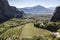 View on Kalabaka town from miraculous monastery on rock formation, Meteora, Greece, beside the Pindos Mountains