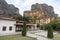 The view from Kalabaka town on the natural caves for monks in the rock formations of Meteora, Greece