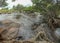 View of the Kalandula waterfalls on Lucala river, tropical forest and cloudy sky as background