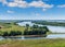 View of the Kama River blue sky white clouds, background.