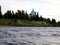 View from the Kama River to the shore of the village of Ust-Garevaya and the church.