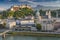 View from the Kapuzinerberg on the old town with Hohensalzburg Castle, Salzburg Cathedral and Collegiate Church, Salzburg Austria