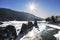 View of the Katun river with rocks called dragon`s teeth on a sunny winter day. Altai Republic