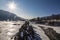 View of the Katun river with rocks called dragon`s teeth on a sunny winter day. Altai Republic