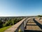 View on Kaunas city from a viewing point. Lithuania, warm sunny day with clean blue sky. Town sky line. Nobody. Big town known