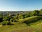 View on Kaunas city from a viewing point. Lithuania, warm sunny day with clean blue sky. Town sky line. Nobody. Big town known