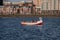 View of the Kazan with lake Nizhny Kaban and boat, Republic of Tatarstan