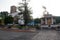 View of kiosk, central garden and parish in the town of Zimapan Hidalgo Mexico