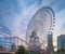 View from Kokusai bridge of Cosmo Clock 21 Big Wheel at Cosmo World Theme Park, overlooking the Diving Coaster Vanish in