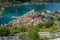 View of Kotor`s old town Stari Grad and the Bay of Kotor, Montenegro showing the steps leading up to the old fortress