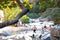 View of Kourtaliotis river and canyon near Preveli beach at Libyan sea, river and palm forest, southern Crete.