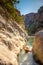 View of Kourtaliotis river and canyon near Preveli beach at Libyan sea, river and palm forest, southern Crete.