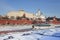 View of the Kremlin and the boat sailing along the Moskva river, Moscow,