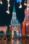 View of the Kremlin`s Nikolskaya Tower and the State Historical Museum on Red Square.Evening. Rain