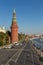 View of the Kremlin wall with Water Supplying Tower, Moscow, Russia.