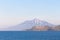 View on a Kunashir island with volcano Tyatya from the sea.