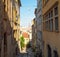 View at La Part Dieu Lyon from a charming, narrow alley in Vieux Lyon