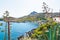 View of Ladiko beach with sun beds and sun shades Rhodes, Greece