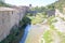 View of Lagrasse, houses, bridge and the abbey