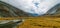 View from lake Akkem on mountain Belukha near board between Russia and Kazakhstan during golden autumn