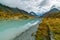 View from lake Akkem on mountain Belukha near board between Russia and Kazakhstan during golden autumn