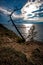 View of Lake Baikal with a tree on the very edge of a rocky cliff.