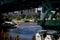 View of Lake Erie under a bridge in The Flats in Downtown Cleveland, Ohio. 