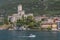 View from Lake Garda on Malcesine with Scaliger castle, Malcesine, Lombardy, Italy.