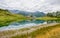 View of Lake Lod near the village of Chamois in Val D`Aosta, Italy.