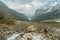 View of Lake Louise and surrounding mountains from the Plain of Six Glaciers Trail