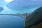 View of Lake Lugano panorama from Monte San Salvatore Bridge over Lake Lugano in Switzerland.