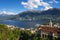 View of the lake Maggiore and Madonna del Sasso, Orselina, Ticino, Switzerland