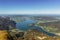 View of lake Mondsee from top of Schafberg,Austria,Salzkammergut region.Blue sky, Alps mountains,Salzburg, nearby Wolfgangsee,