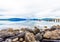 View of the lake and mountain landscape, Puerto Natales, Chile. Copy space for text