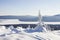 View of the lake from mountain range Zyuratkul, winter. Snow cov