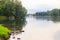 View of lake with pavilion of Venus on Island of Love in Gatchina park, Russia