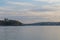 View of lake with sunset and boats. Serra de Tomar. Portugal