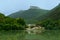 View from the lake to the mountain Mangup-Kale