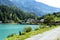 View of a lake and valley In Swiss Alpes