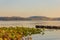 View of the lake of viverone in italy with the dock for mooring