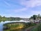 View of Lake Wdzydze and the marina in the distance. Sailing on Lake Wdzydze, one of the largest lakes in Poland